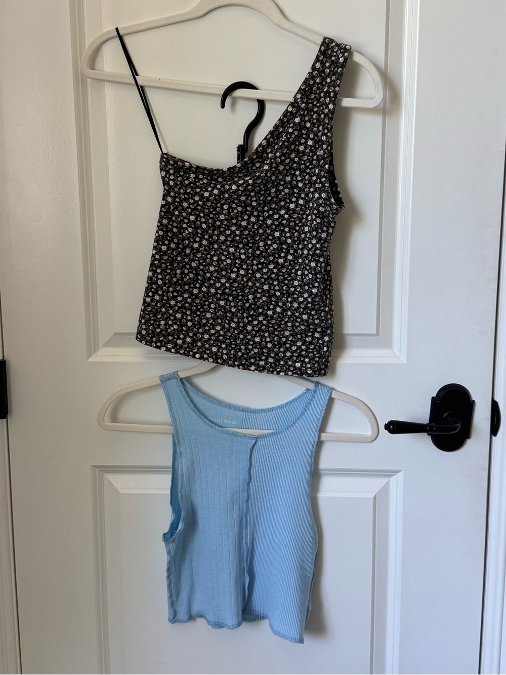 American Eagle Black Floral One-Shoulder Crop Top & Light Blue Ribbed Tank Duo
